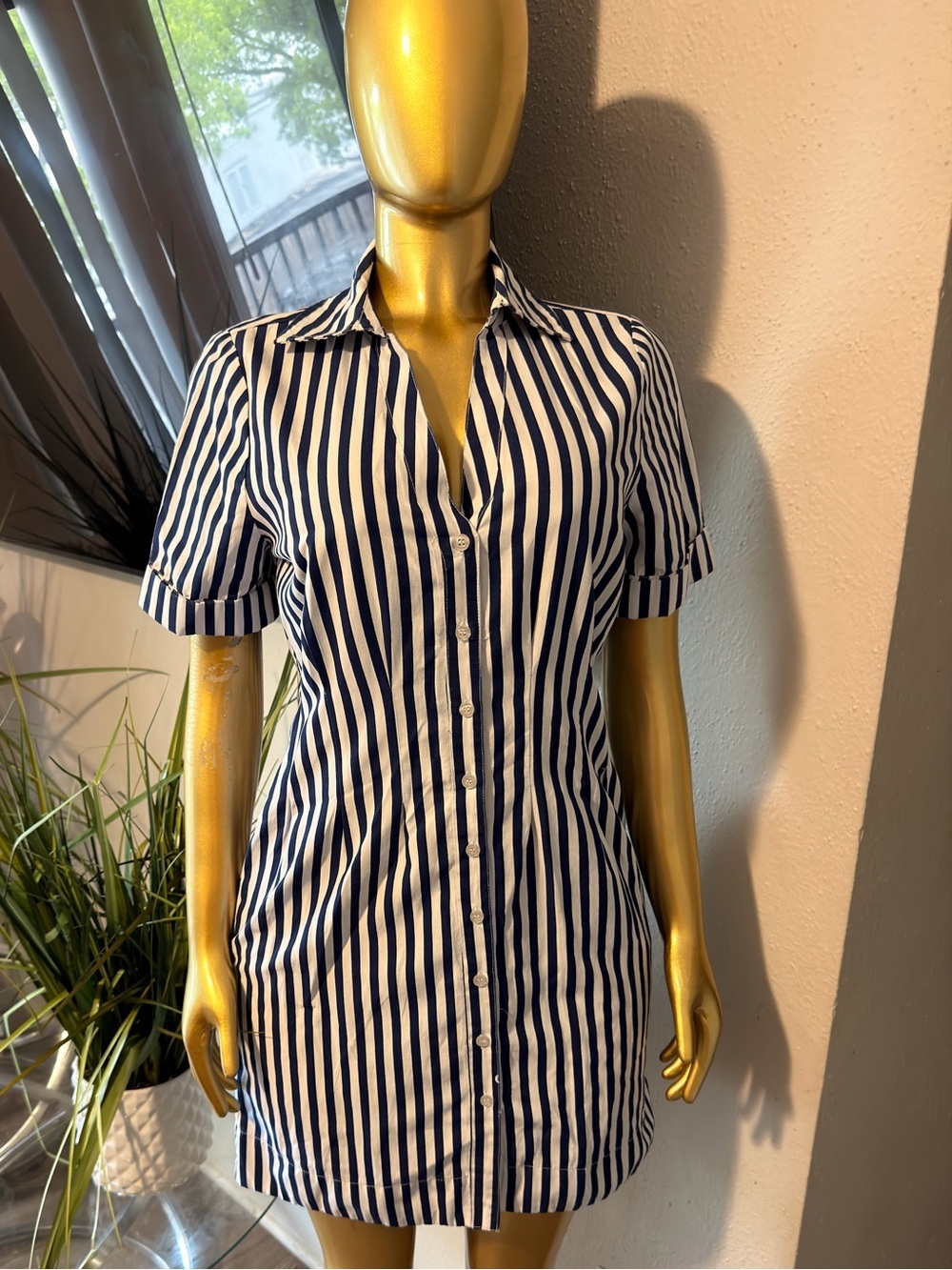 Navy and White Striped Button-Front Mini Dress